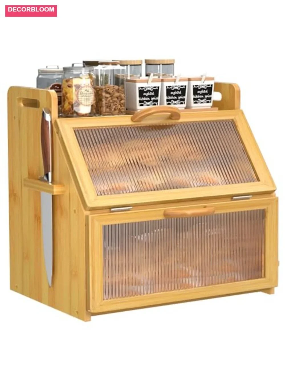 Large Bamboo Bread Box with Acrylic Window, Double Layer Kitchen Countertop